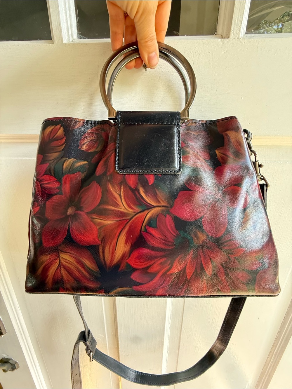 Patricia Nash Red Floral Leather Satchel with Metal Ring Handles